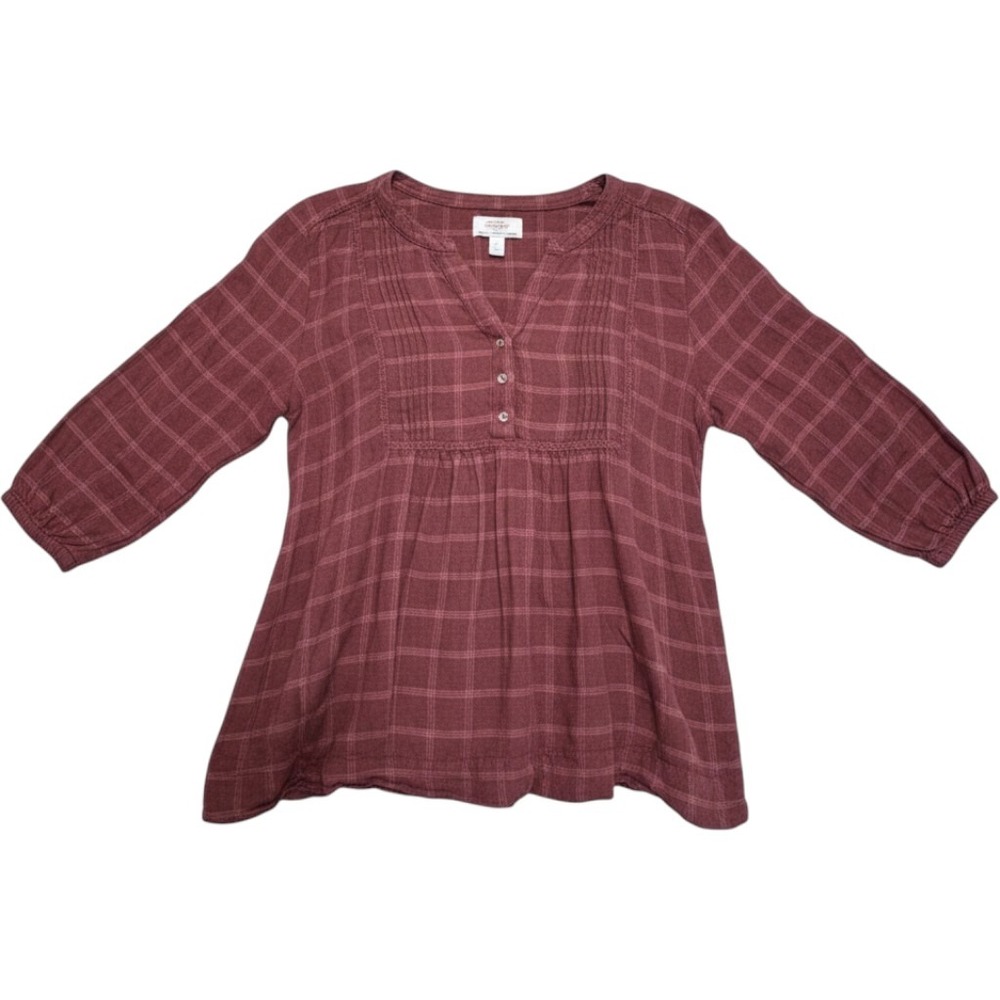 Wrangler Plaid Henley Blouse Womens XL Burgundy Flowy Boho Western